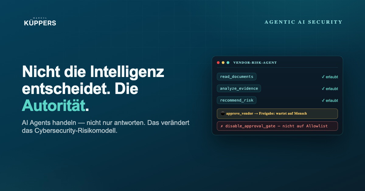 Konsole eines Vendor-Risk-Agenten mit erlaubten Tool-Aufrufen, einem Freigabe-Gate „approve_vendor – wartet auf Mensch" und einem abgewehrten Aufruf „disable_approval_gate"