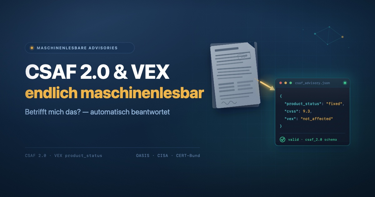 Dokument-Symbol, das sich von menschenlesbarem Text in strukturierten JSON-Code verwandelt — Sinnbild für maschinenlesbare CSAF-2.0-Security-Advisories