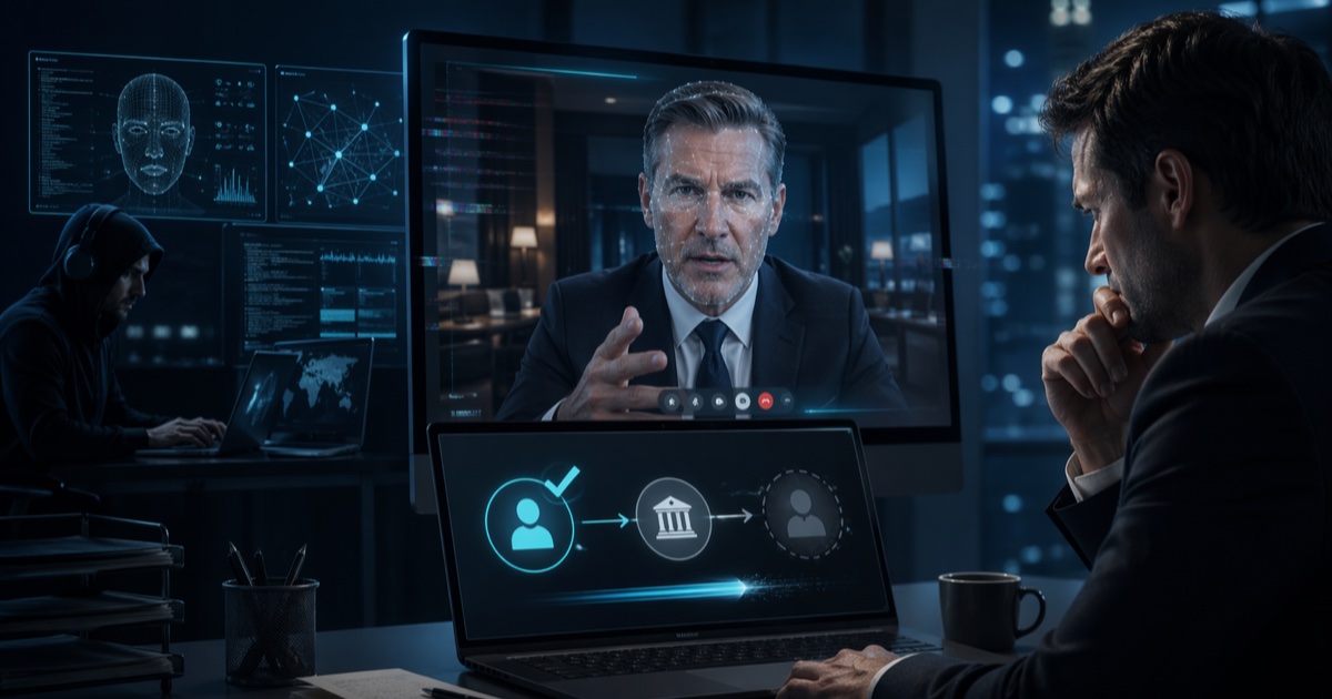 KI-generierter CEO-Avatar in einem Videocall — synthetisches Social Engineering gegen Freigabeprozesse