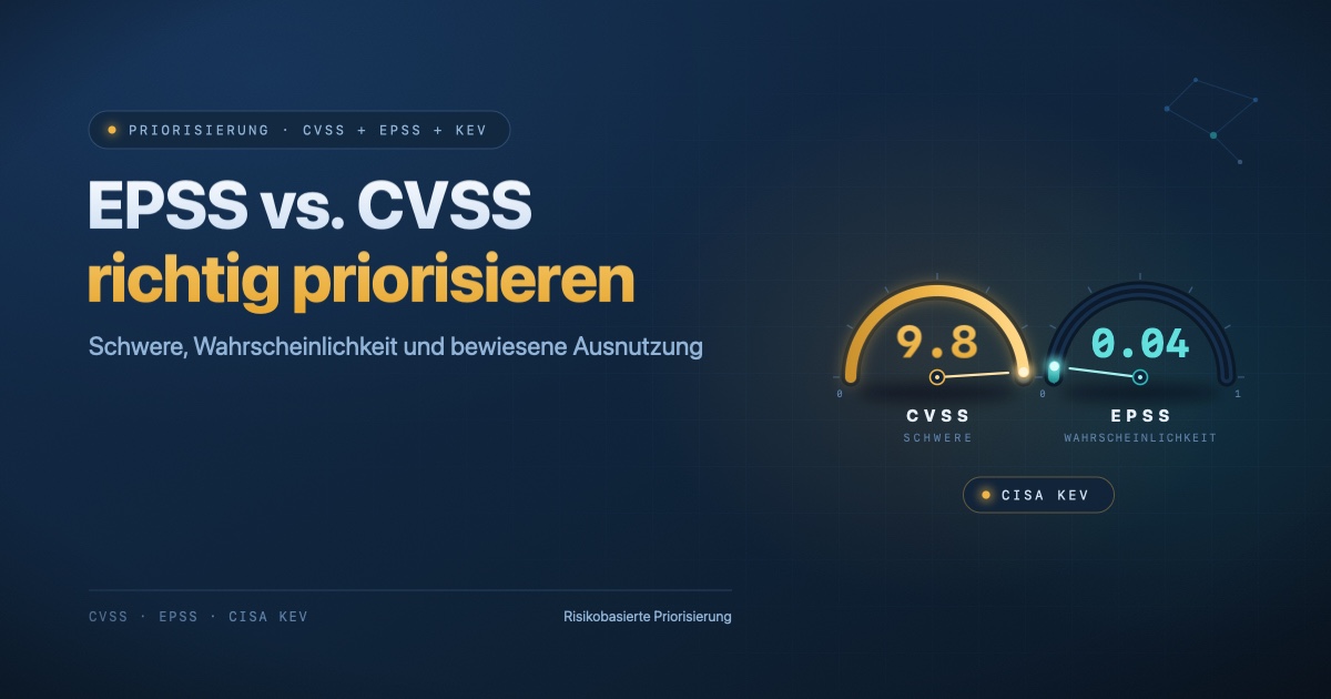 Gegenüberstellung zweier Priorisierungs-Skalen — CVSS-Schweregrad und EPSS-Ausnutzungswahrscheinlichkeit — als Sinnbild für risikobasiertes Schwachstellen-Management