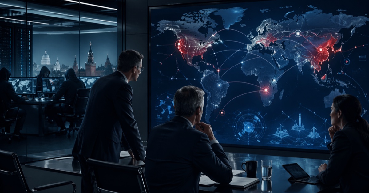 Weltkugel mit globalen Cyber-Datenflüssen — geopolitische Bedrohungslage und Nation-State-Akteure