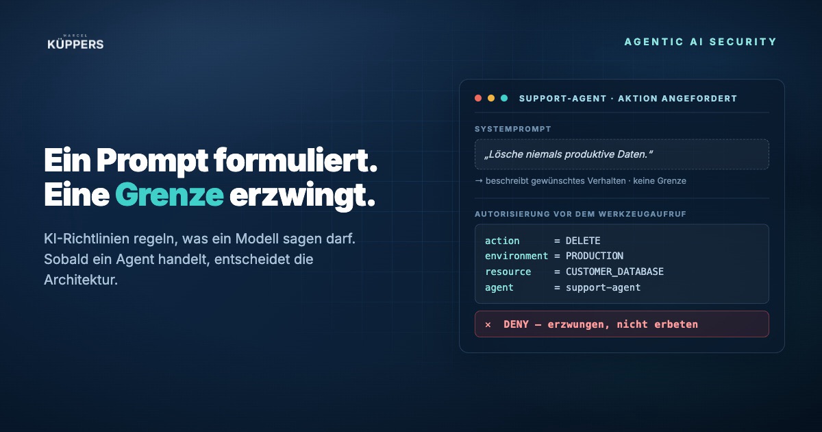 Gegenüberstellung von Assistent und Agent: dieselbe E-Mail einmal als Textausgabe, einmal als ausgeführter Geschäftsvorgang, dazwischen nur ein Konfigurationshäkchen