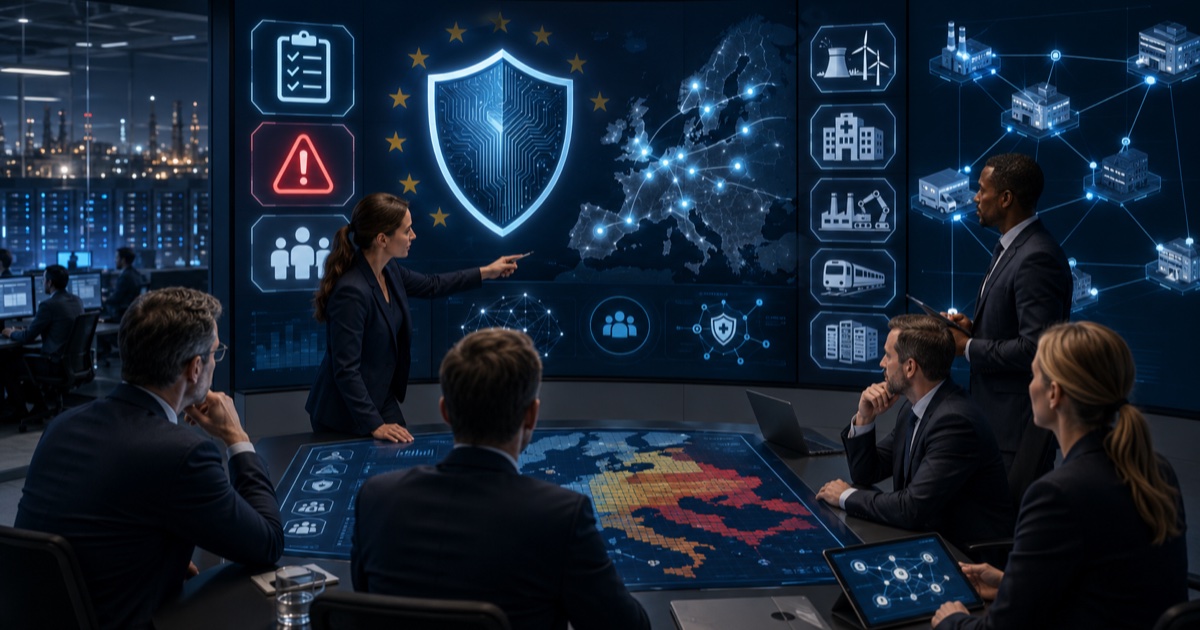 Lagebild zur NIS-2-Umsetzung: Boardroom mit europäischer Risikolandkarte und Übersicht kritischer Sektoren wie Energie, Gesundheit, Transport und digitale Infrastruktur