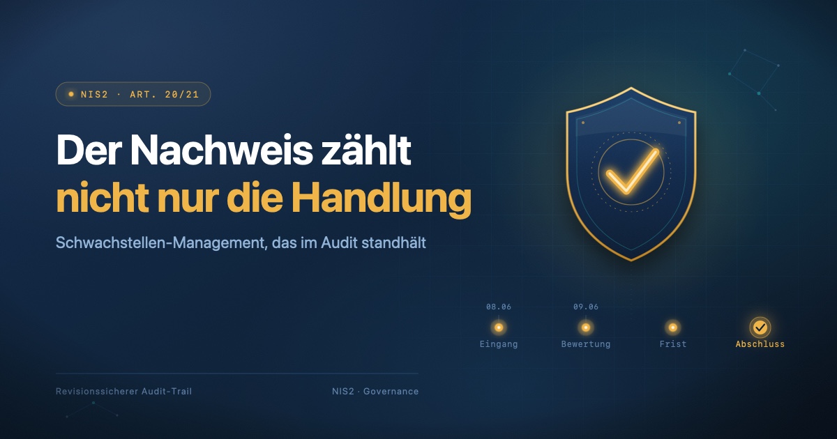 Prüfsiegel über einer lückenlosen Zeitleiste von Schwachstellen-Ereignissen — Sinnbild für den revisionssicheren NIS2-Nachweis im Schwachstellen-Management