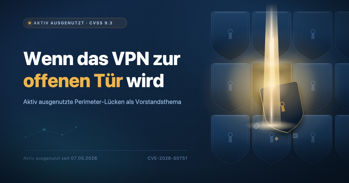 Dunkle Perimeter-Grafik mit einer aufgebrochenen Lücke in der Schutzwall-Reihe, durch die ein Angriff eindringt — Sinnbild für aktiv ausgenutzte VPN-Schwachstellen