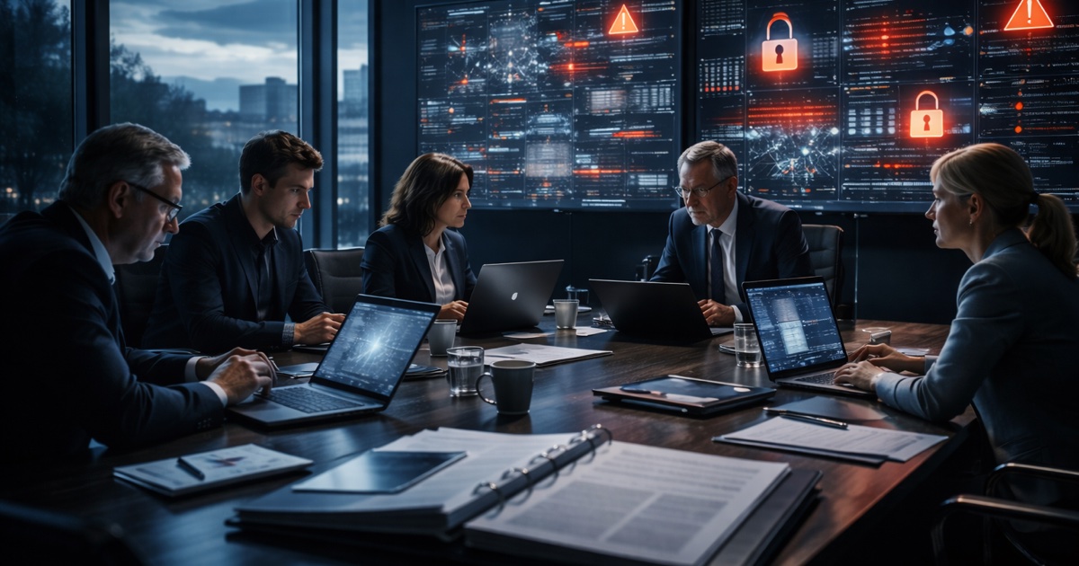 Vorstands-Krisensitzung in den ersten Minuten nach einem Cyberangriff — fünf strategische Entscheidungen