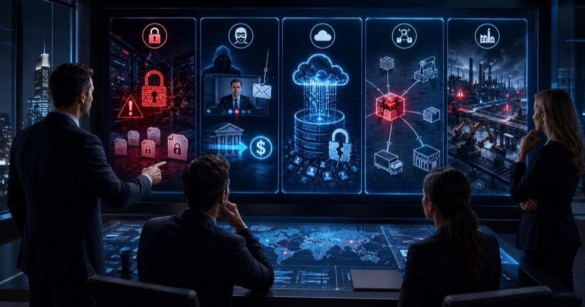 Krisenstab analysiert mehrere Cyber-Szenarien am Lagebild — strategische Vorbereitung auf Vorstandsebene