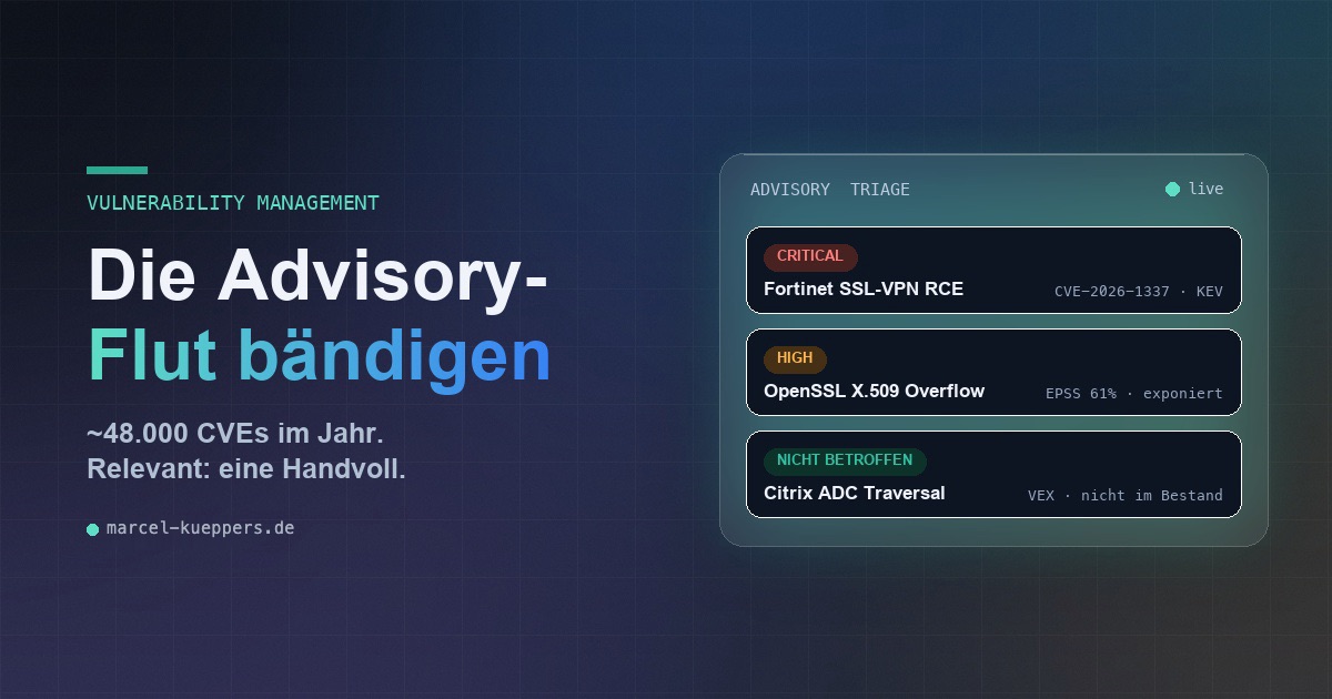 Dunkles Advisory-Triage-Dashboard mit Severity-Pills (CRITICAL, HIGH, nicht betroffen) — Visualisierung zum systematischen Umgang mit Security Advisories
