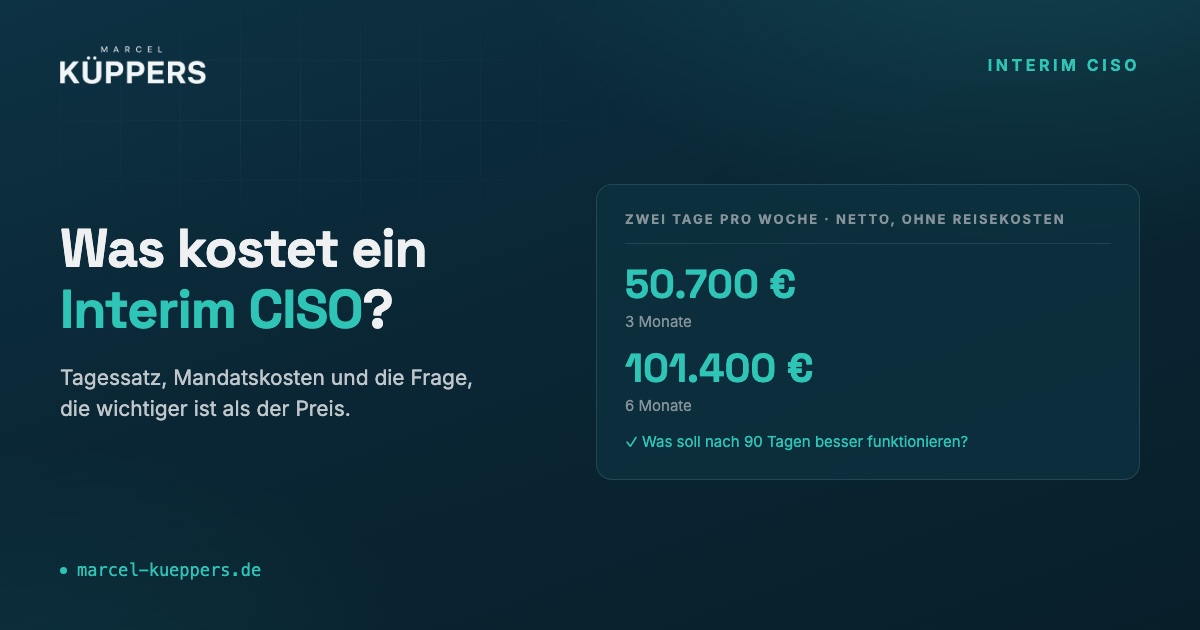 Mandatskosten eines Interim CISO bei zwei Tagen pro Woche: 50.700 Euro für drei Monate, 101.400 Euro für sechs Monate, netto und ohne Reisekosten